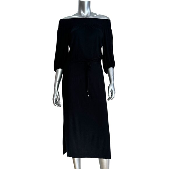 Ella Moss Black Off-Shoulder Smocked Neckline Midi Dress M - Picture 9 of 12